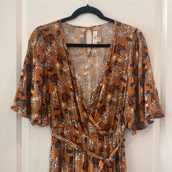 Romper - Band of Gypsies Burnt Orange Floral Romper/Jumpsuit with Pockets - Picture 2 of 5